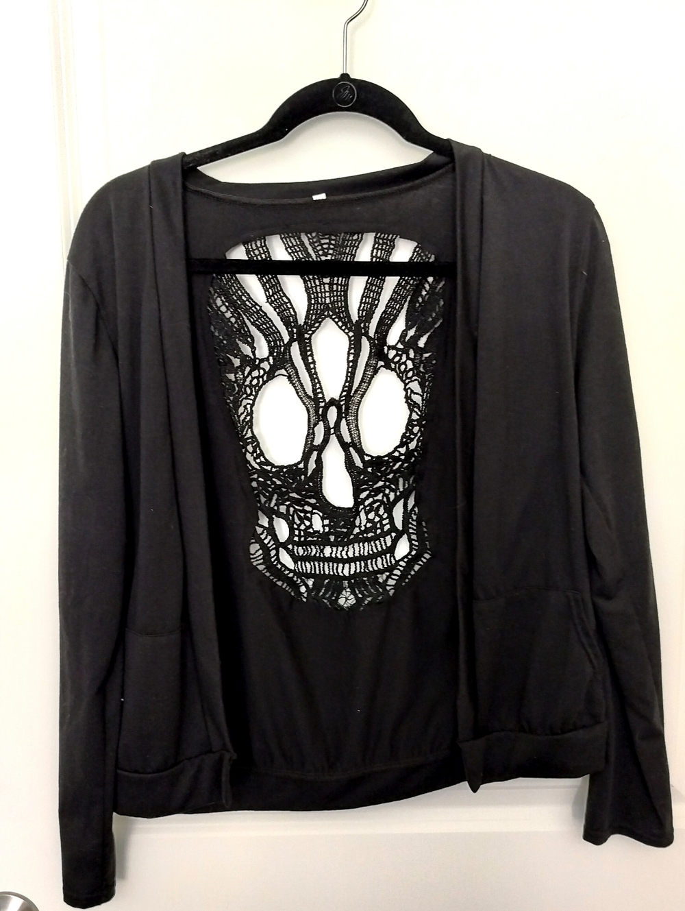 Skull Lace Back Black Open-Front Cardigan For Girls L